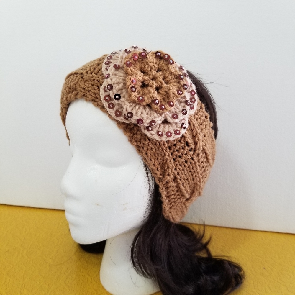 Brown Knit Headband with Cream Flower Accent